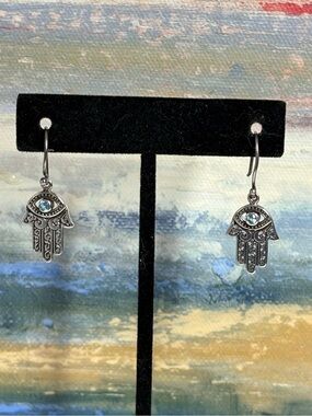 Silver Hamsa Hand Drop Earrings with Aquamarine